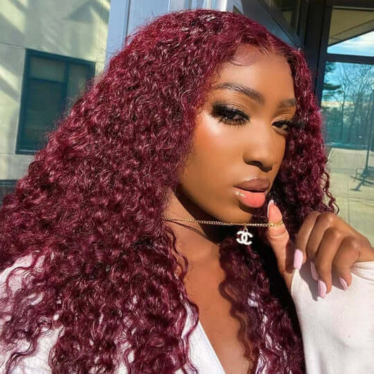 Affordable 99j 20-30inch 150% Density Curly Burgundy 13x4 Lace Front Wigs