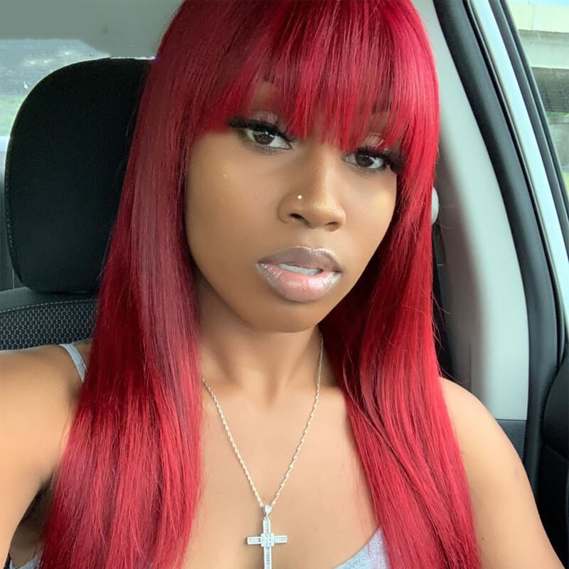 Red Straight Lace Front Wig with Bangs 100% Virgin Hair 200% Density Wigs