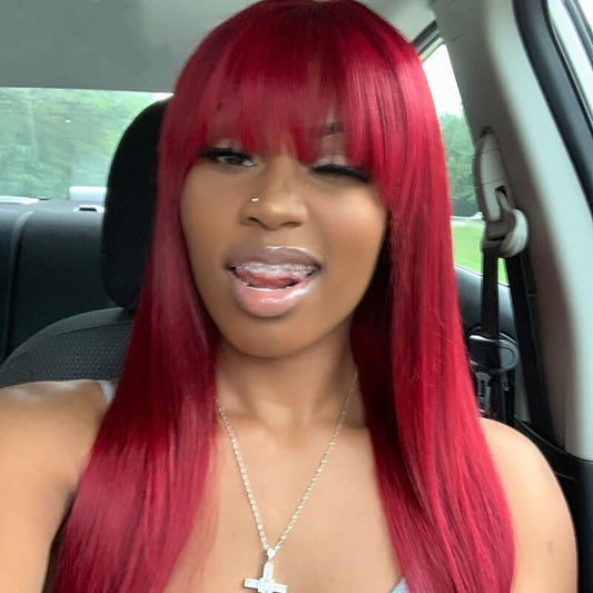 Red Straight Lace Front Wig with Bangs 100% Virgin Hair 200% Density Wigs