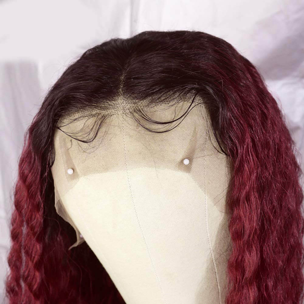 Ombre 1B/99J Long Curly Hair 100% Virgin Human Hair Burgundy Lace Front Wigs