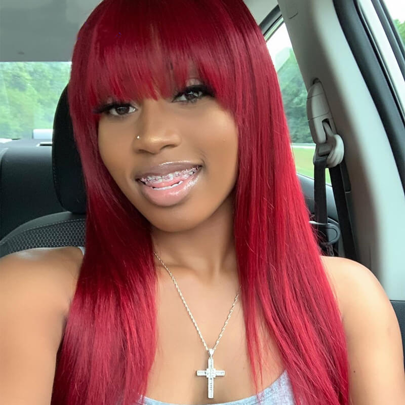 Red Straight Lace Front Wig with Bangs 100% Virgin Hair 200% Density Wigs