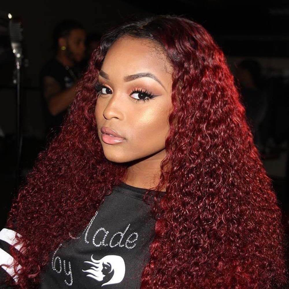 Ombre 1B/99J Long Curly Hair 100% Virgin Human Hair Burgundy Lace Front Wigs