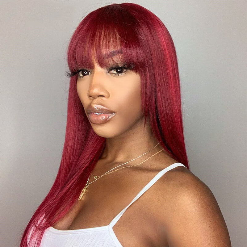 Red Straight Lace Front Wig with Bangs 100% Virgin Hair 200% Density Wigs