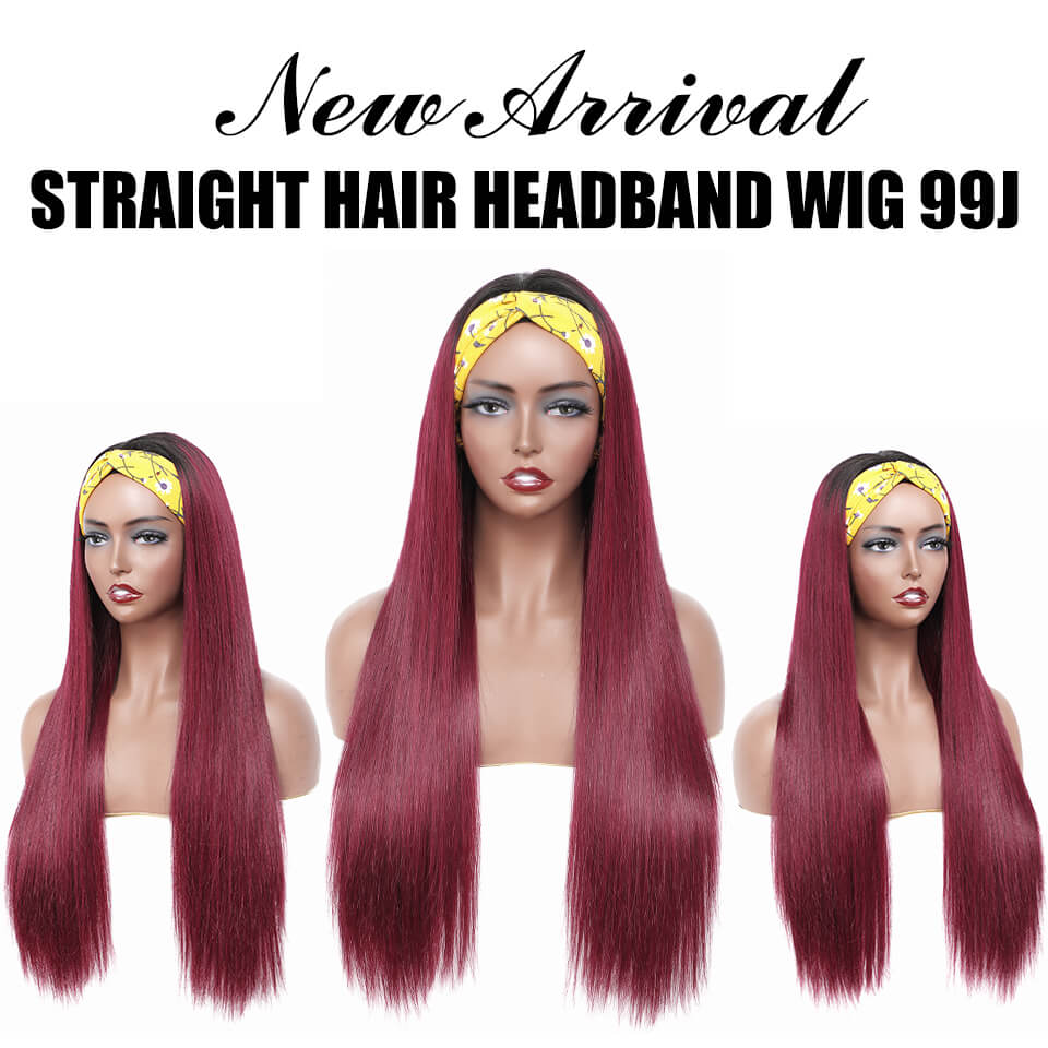 Affordable Glueless Straight Burgundy Headband Wigs 99J Human Hair Wigs