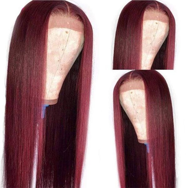 99J Long Silk Straight Virgin Hair 180% Density Burgundy Lace Front Wigs