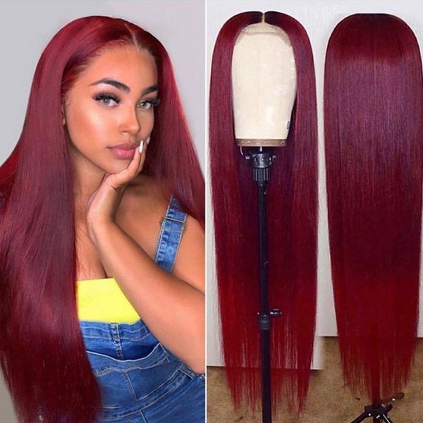 99J Long Silk Straight Virgin Hair 180% Density Burgundy Lace Front Wigs