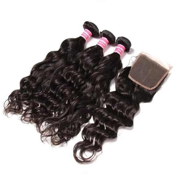 Natural Wave 3pcs Bundles with 4x4 Closure Remy Human Hair Weave with Closure